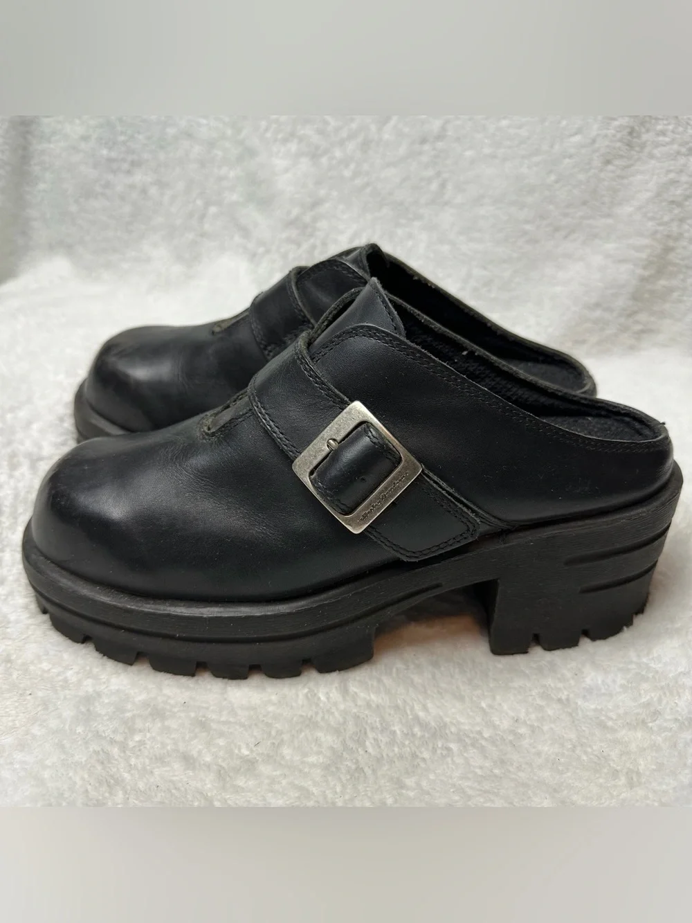 Harley-Davidson Black Leather Platform Clogs Mules Lug Sole Women’s Size 9